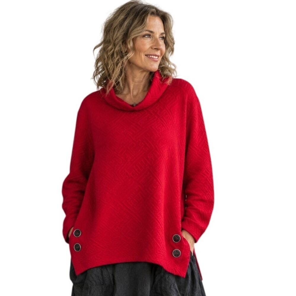 Ali Miles Textured Tunic Womens XL Red Mock Neck Oversized Buttons Lagenlook Top
